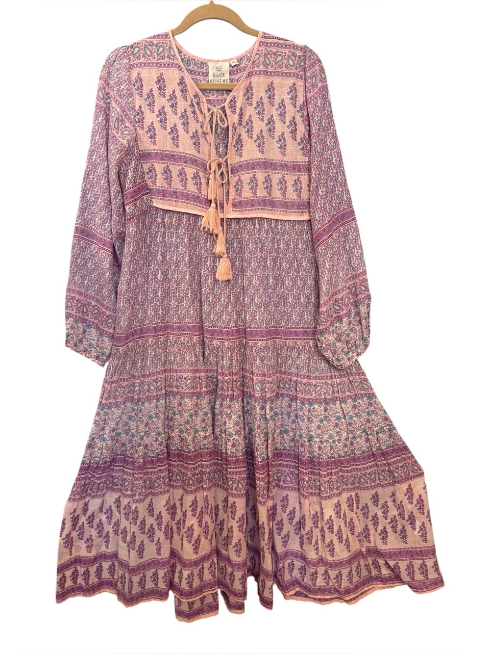 Blue Boheme Pink Purple Floral Paisley Bohemian Cotton Peasant Dress Women’s S/M - Picture 4 of 12